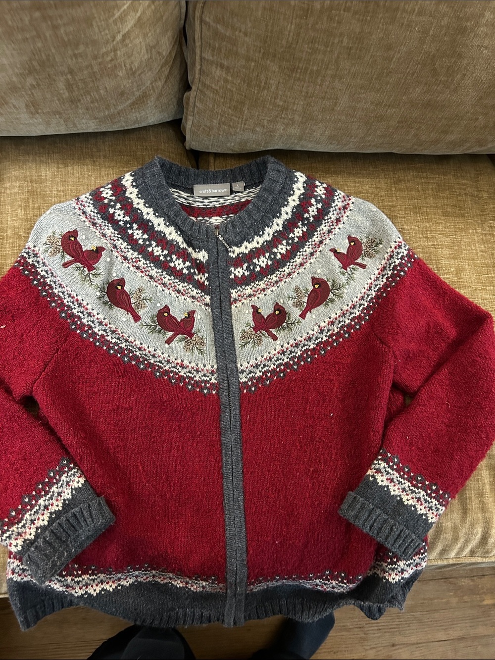 Croft & Barrow Red grayFair Isle  Zip Cardigan with Bird Embroidery